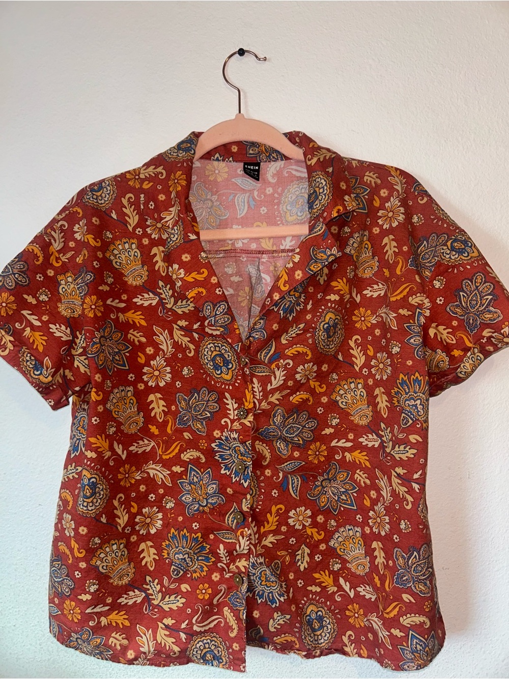 Shein Women’s Short-Sleeve Rust Paisley Button-Up Shirt